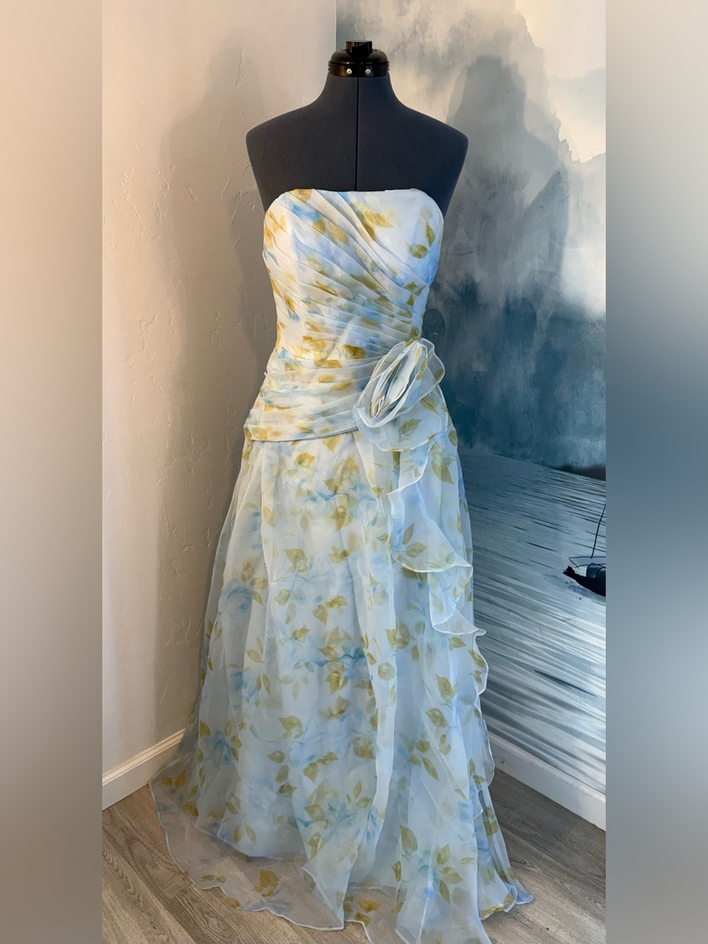 Strapless Light Blue Floral Organza Evening Dress #387